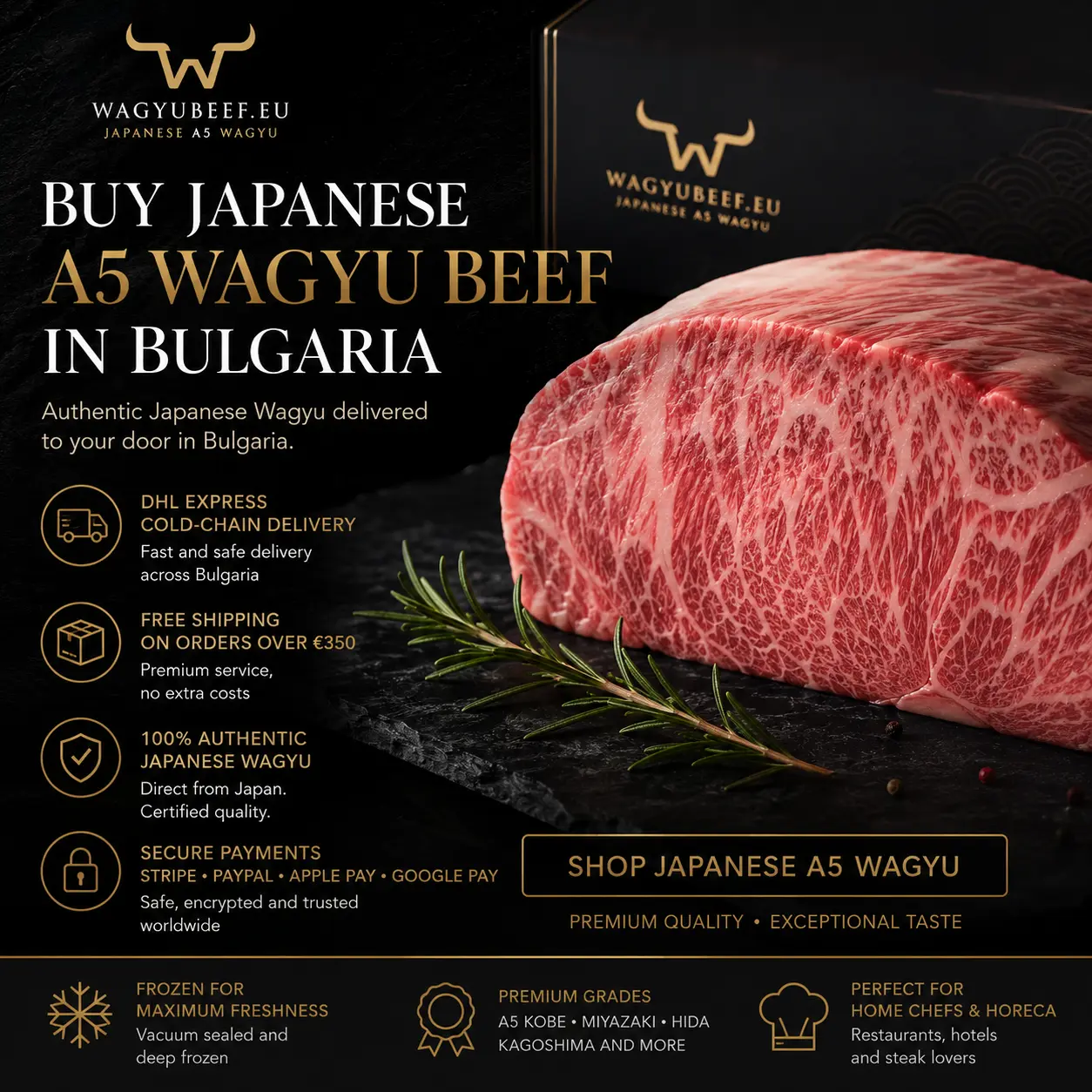 Japanese A5 Wagyu beef delivery in Bulgaria with DHL cold-chain shipping, free shipping over €350 and secure payments