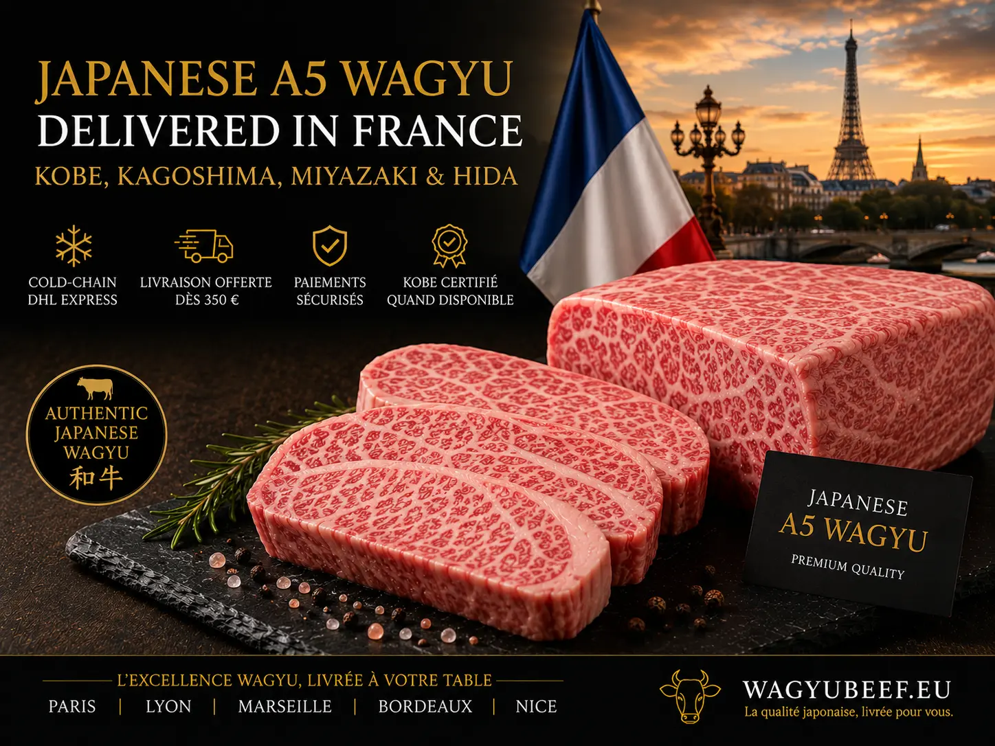Bœuf Wagyu japonais A5, drapeau français et tour Eiffel – Wagyubeef.eu