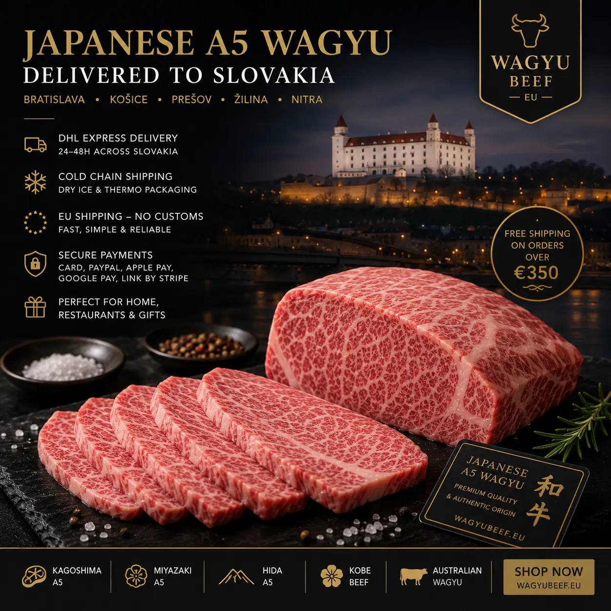 Japanese A5 Wagyu beef delivery in Slovakia with DHL cold-chain shipping, free shipping over €350 and secure payments
