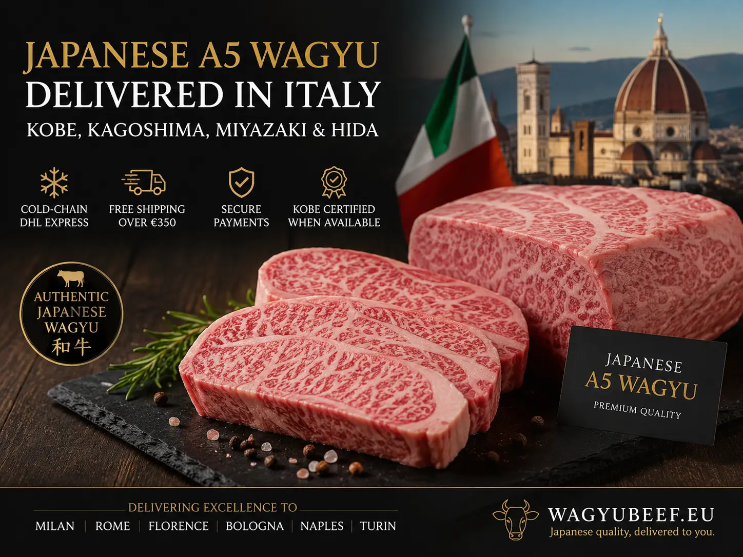 Japanese A5 Wagyu beef delivery in Italy with DHL cold-chain shipping, free shipping over €350 and secure payments